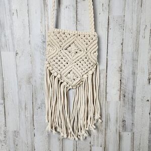 Divided Macrame Crossbody Bag Purse Beige